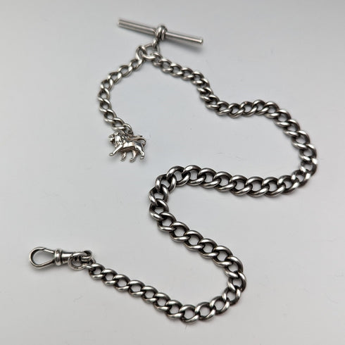 Circa 1900 British Antique Sterling Silver Albert Chain 29g Sterling Silver Lion Fob